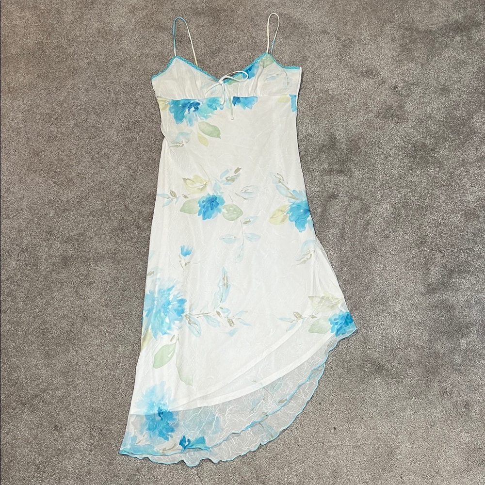 Byer Too! Y2K Floral Dress Asymmetrical Hem Spaghetti Strap Green Blue Size 9